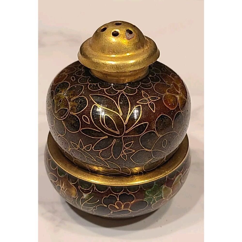 Cloisonné Open Salt Bowl Cellar Pepper Shaker Flower Enamel Brass Stacking Brown